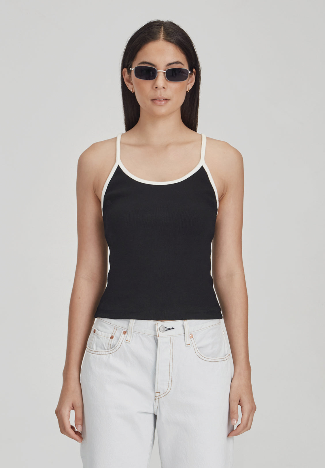 FITTED RIB CAMI, BLACK W/ WHITE