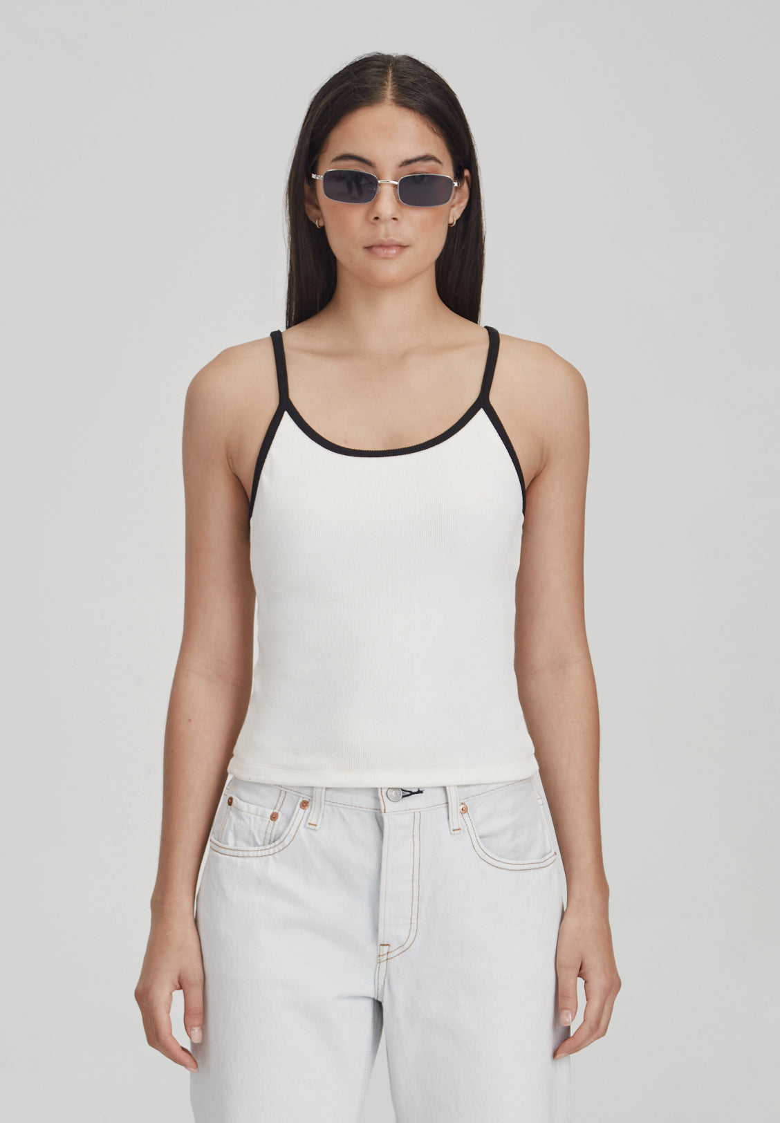 FITTED RIB CAMI, WHITE W/ BLACK