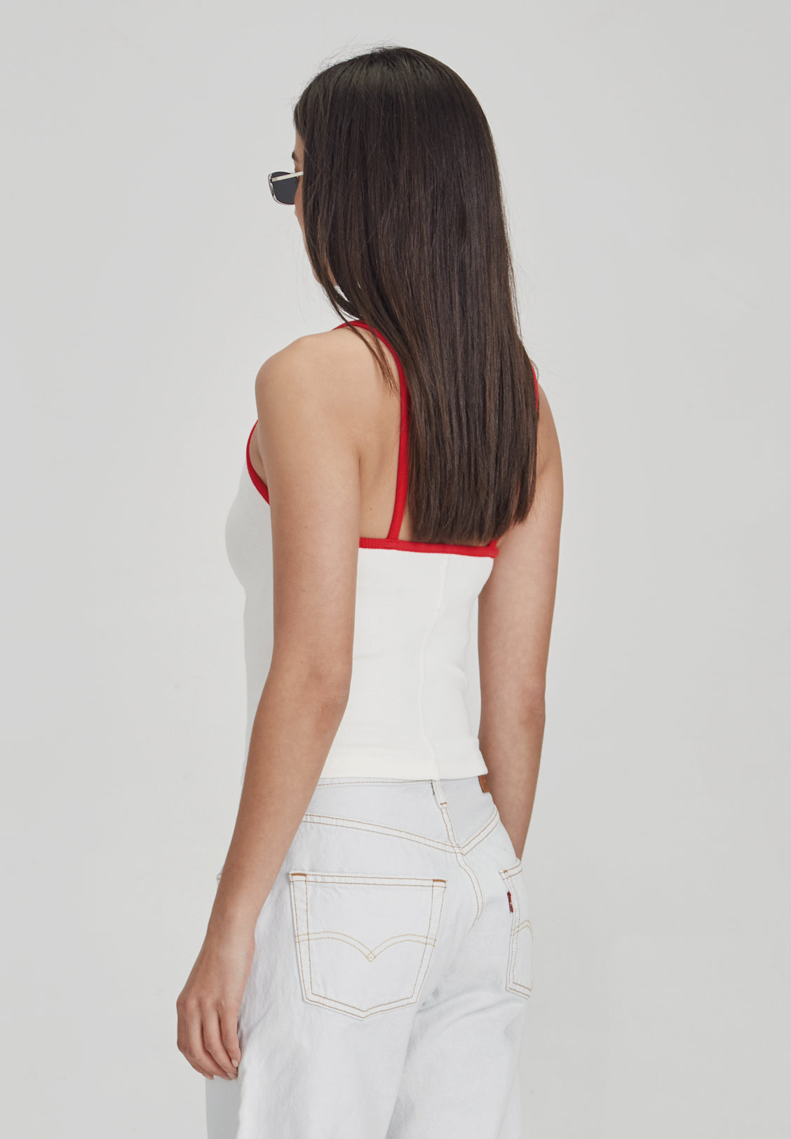 FITTED RIB CAMI, WHITE W/ RED