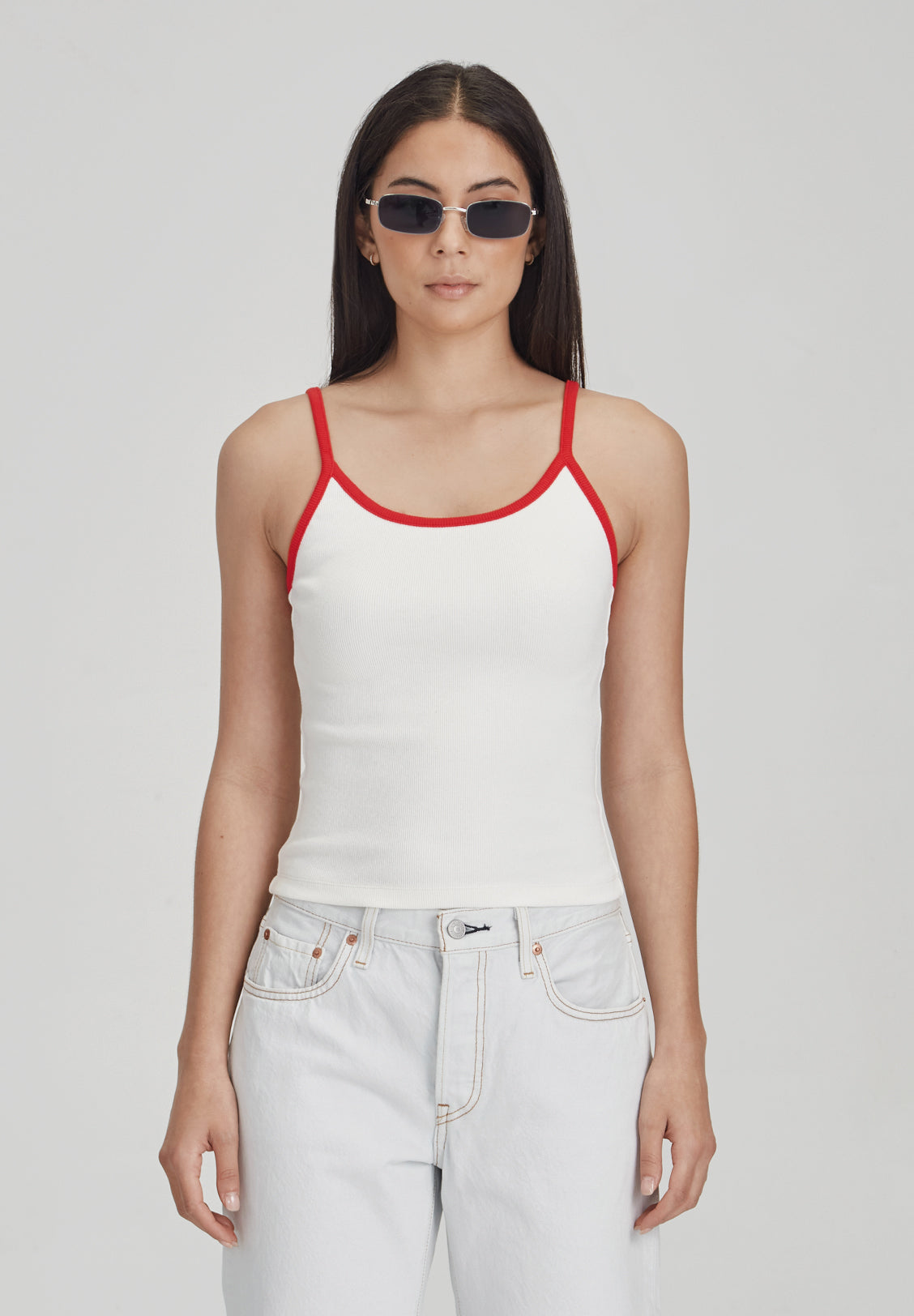 FITTED RIB CAMI, WHITE W/ RED