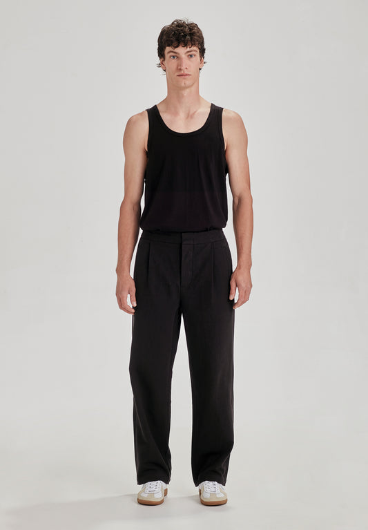 LINEN/COTTON PLEAT FRONT PANT, BLACK