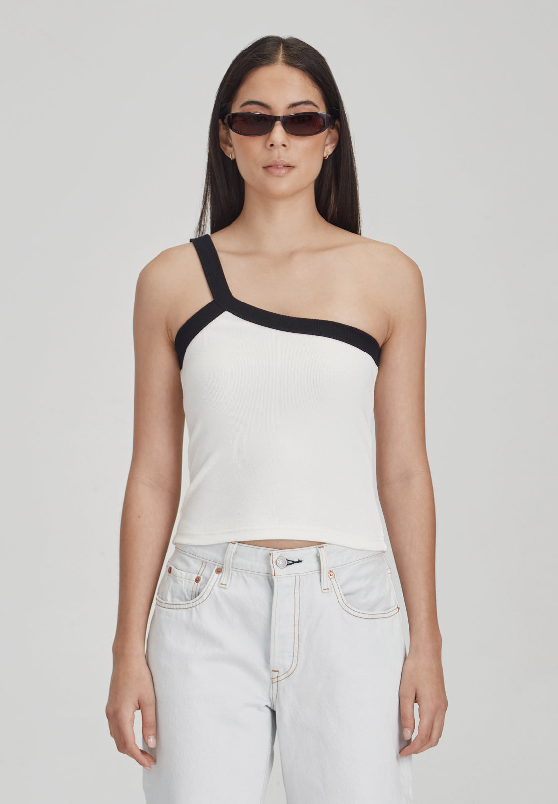 FITTED RIB SINGLE SHOULDER TANK, WHITE W/ BLACK